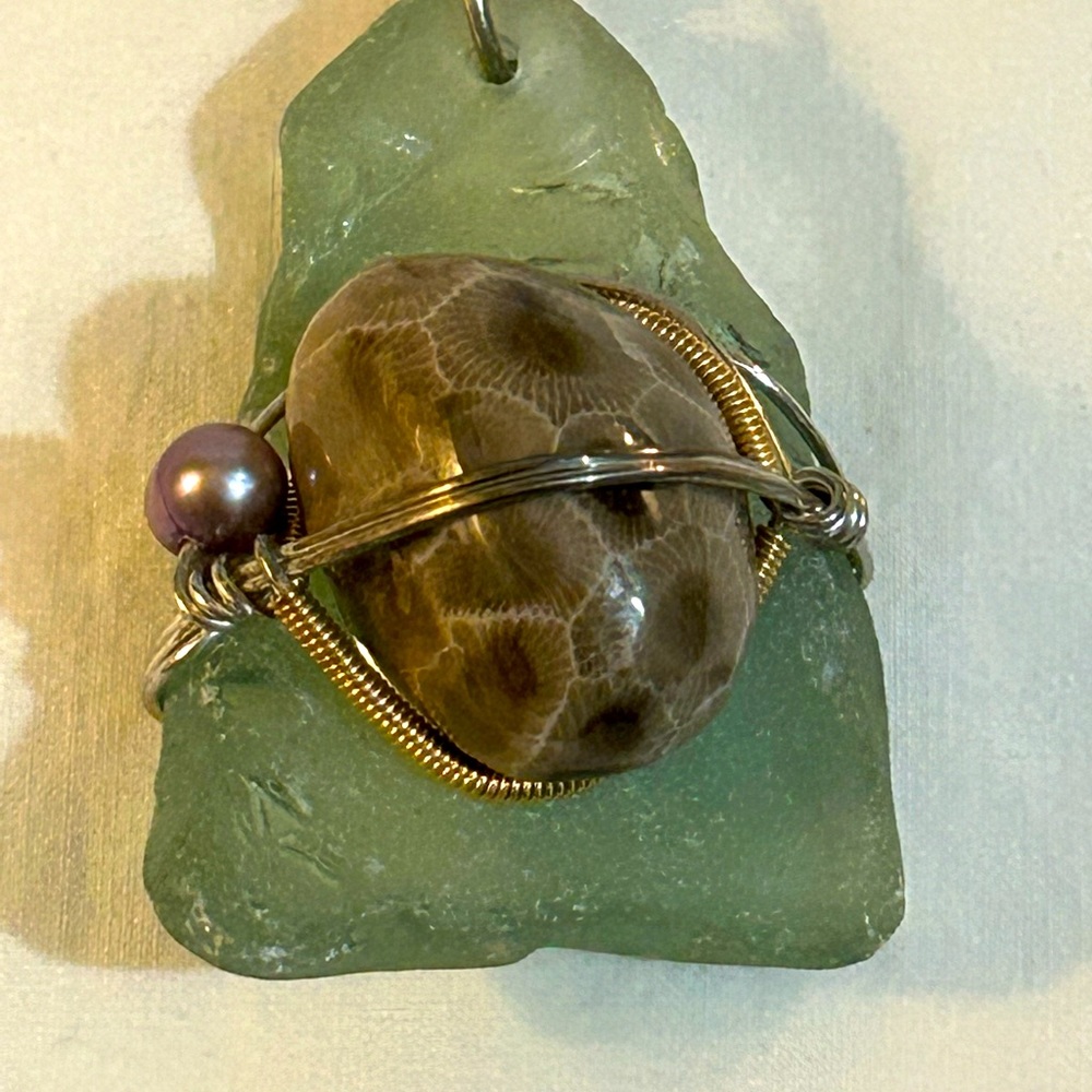 Petoskey Stone & Green Sea Glass Pendant (Signed) w/18” .925 Ornate Silver Chain